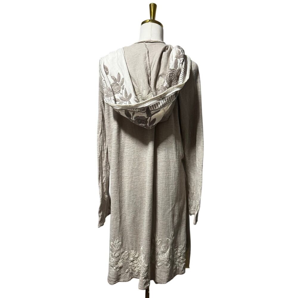 Johnny Was Biya Open Hooded Cardigan Duster Taupe Ivory Embroidered Size L - Picture 2 of 6